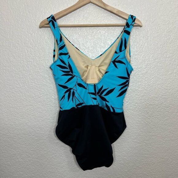 Miraclesuit One Piece Swimsuit Tropical Leaf Print Aqua Blue and Black Size 12 - Picture 2 of 13
